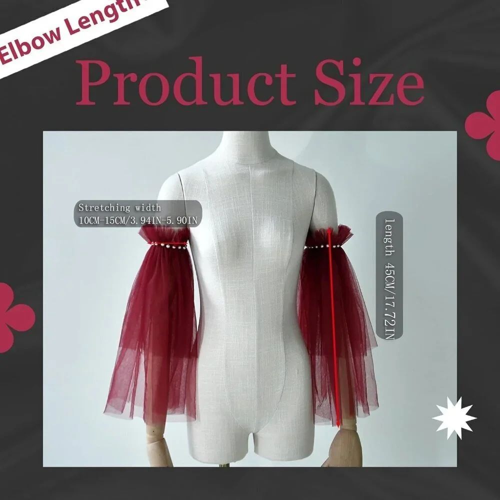 Women's Wedding Puffy Fingerless Red Detachable Long Sleeves Ruffled Gloves